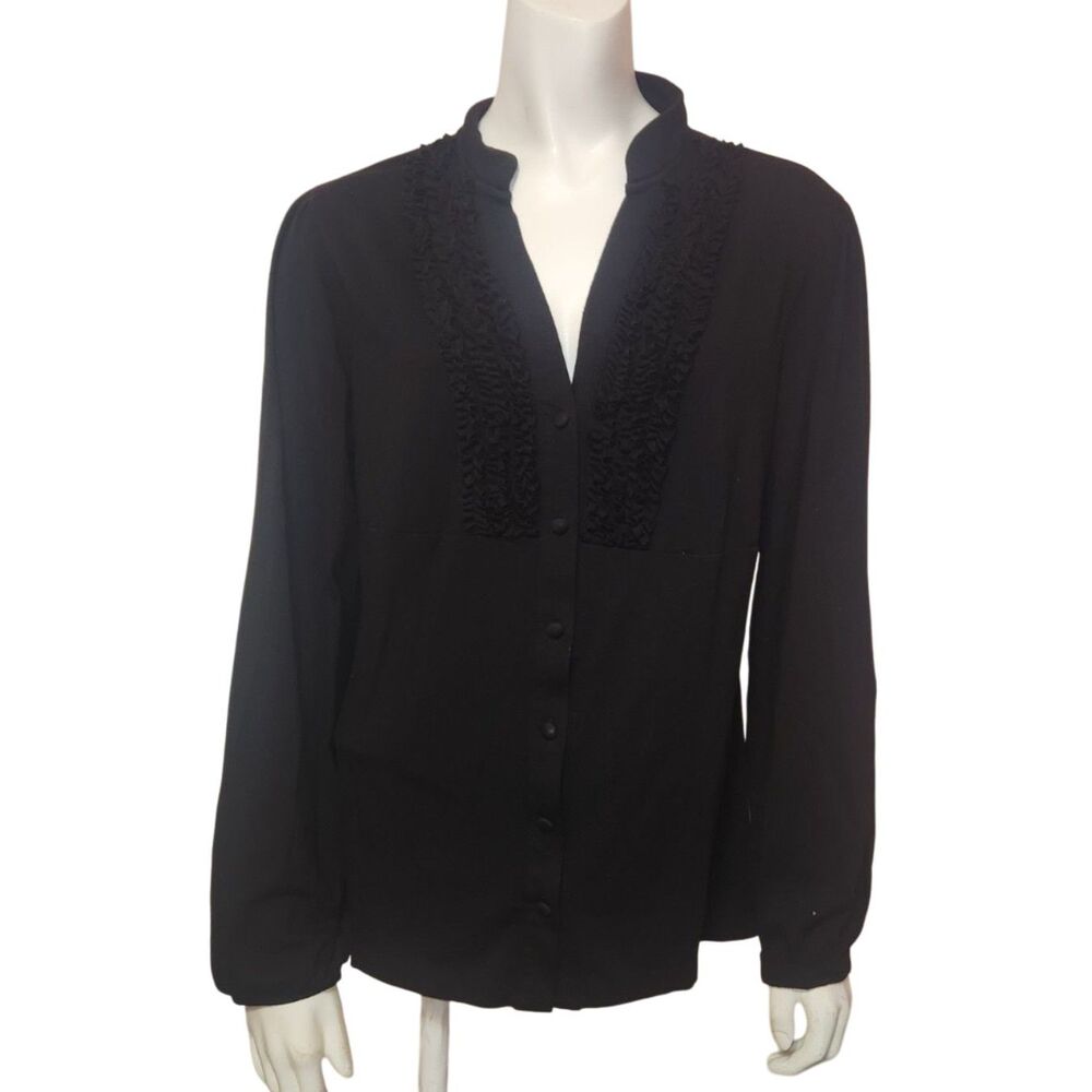 APT. 9 Black Button Down Ruffle Neckline Blouse Womens Size Large